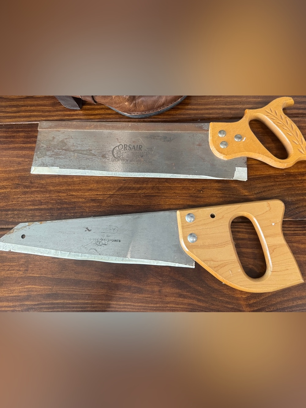 2 Vintage Hand Saws Corsair & Stanley Wood Handles Steel Blades or Home Decor